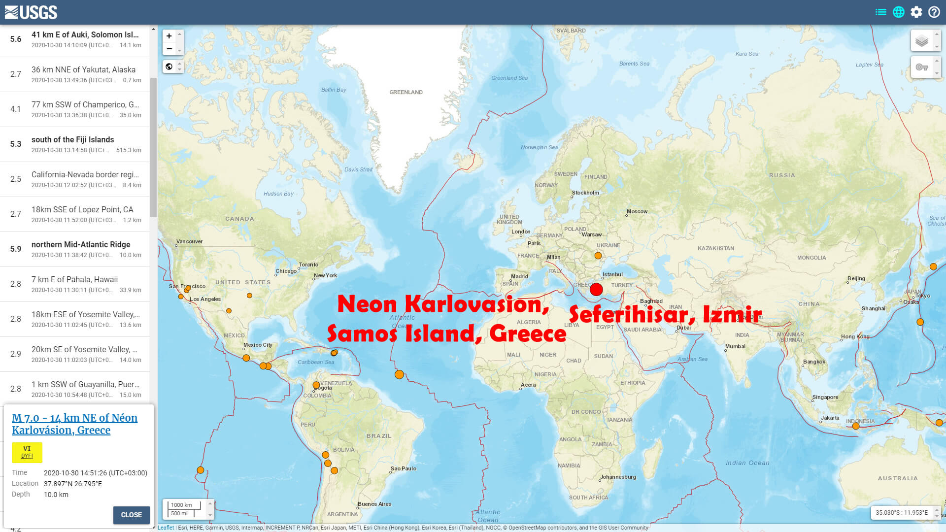 Samos Yunanistan - Seferihisar Izmir - Sep 30 Deprem Haritasi